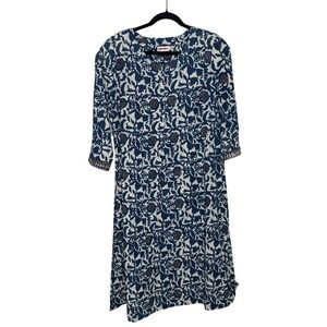 Fabindia Tunic Dress Womens XL Blue White Cotton Block Print Slim Fit Excellent